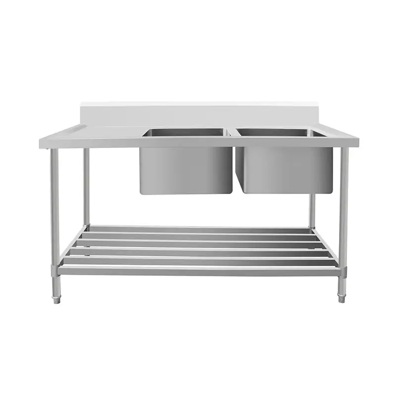 ASD-1870R Stainless Steel Double Sink Bench with Pipe Undershelf 1800w x 700d x 900h mm (Sinks at Right)