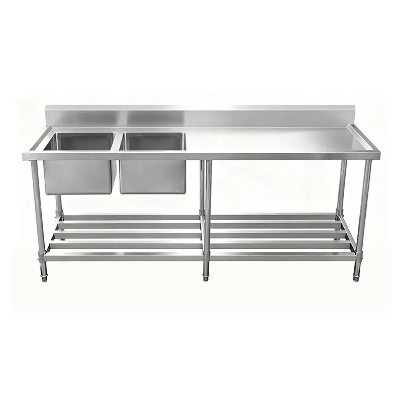 ASD-2170L Stainless Steel Double Sink Bench with Pipe Undershelf 2100w x 700d x 900h mm (Sinks at Left) 