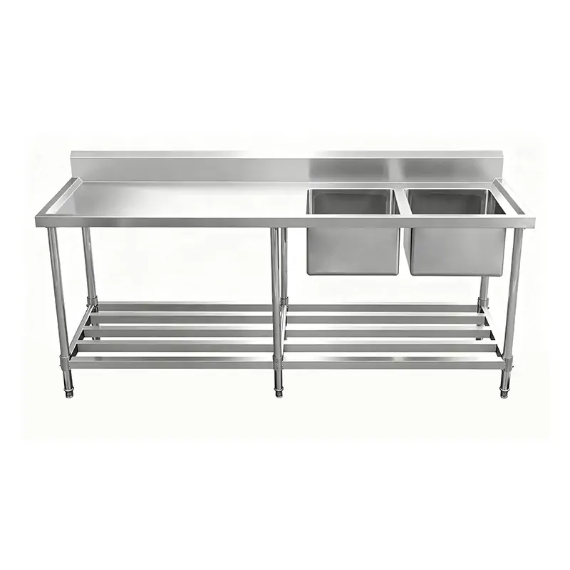 ASD-2170R Stainless Steel Double Sink Bench with Pipe Undershelf 2100w x 700d x 900h mm (Sinks at Right)