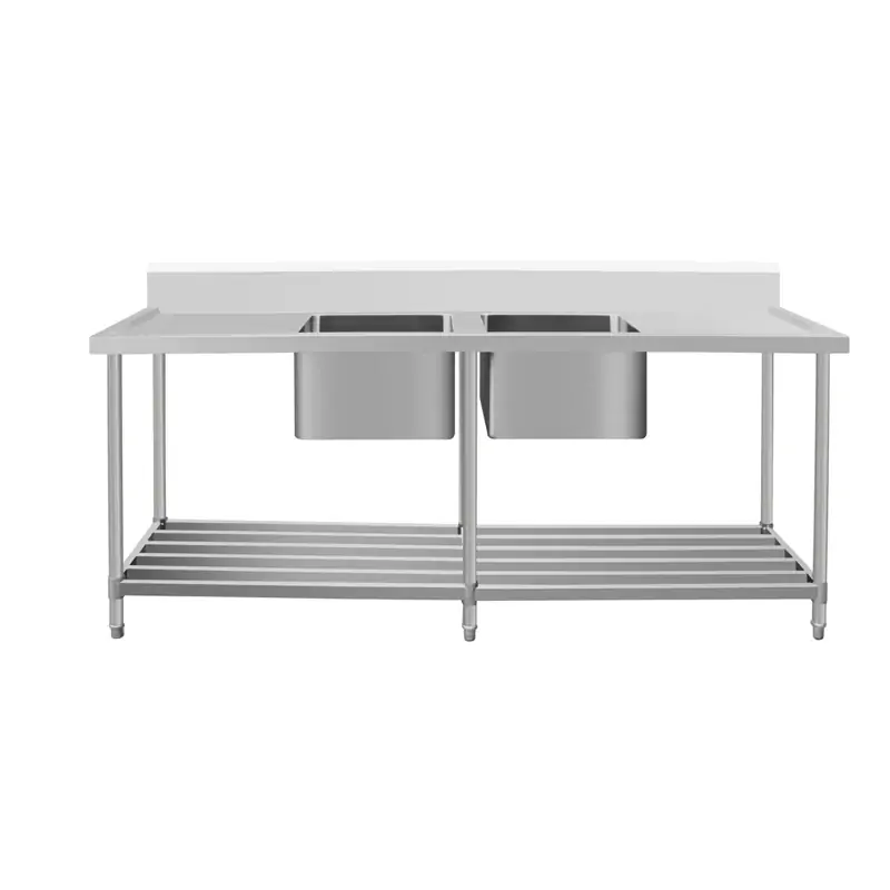 ASD-2470C Stainless Steel Double Sink Bench with Pipe Undershelf 2400w x 700d x 900h mm (Sinks at Centre)