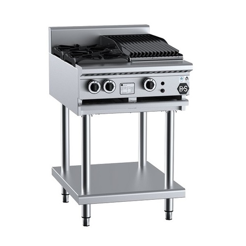 B+S Black BT-SB2-CBR3 Gas Combination Two Open Burners & 300mm Char Broiler on Leg Stand