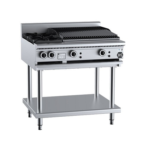 B+S Black BT-SB2-CBR6 Gas Combination Two Open Burners & 600mm Char Broiler on Stand