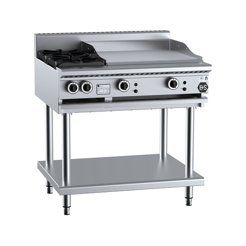 B+S Black BT-SB2-GRP6 Gas Combination Two Open Burners & 600mm Grill Plate on Stand