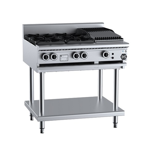 B+S Black BT-SB4-CBR3 Gas Combination Four Open Burners & 300mm Char Broiler on Stand