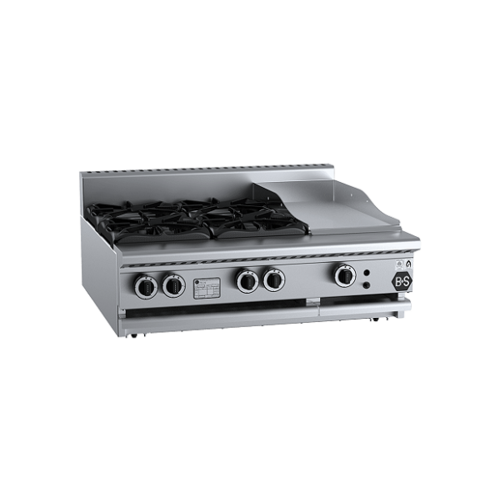 B+S Black BT-SB4-GRP3BM Gas Combination Four Open Burners & 300mm Grill Plate - Bench Mounted