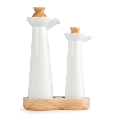 Olympia Whiteware Vinegar & Oil Bottle Set With Wooden Base & Stoppers