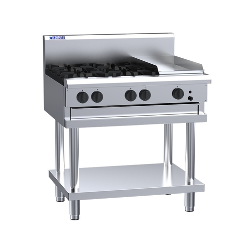 Luus CS-4B3P - Gas 4 Burner Cooktop + 300mm Griddle on Leg Stand