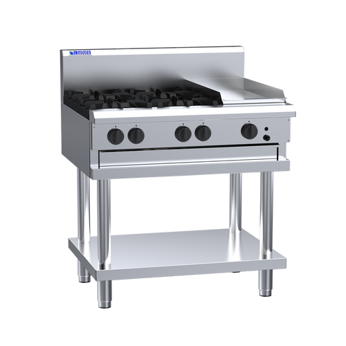 Luus CS-4B3P - Gas 4 Burner Cooktop + 300mm Griddle on Leg Stand