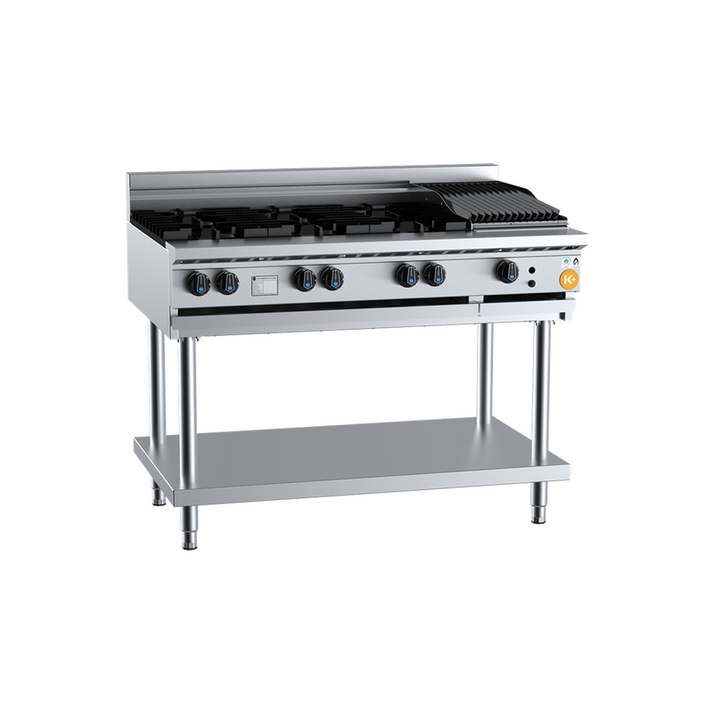 B+S K+ KBT-SB6-CBR3 Combination Six Open Burners & 300mm Char Broiler On Leg Stand