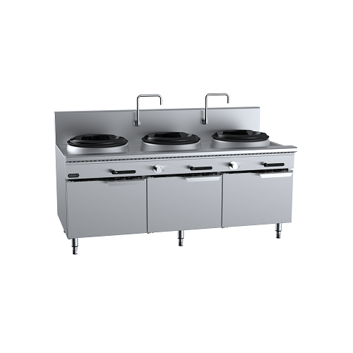 B+S Verro VUFWWD-3 Gas Three Hole Deluxe Waterless Wok Table - Cabinet Mounted